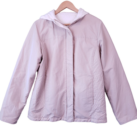 Izod Women’s Reversible Quilted Hooded Jacket M Beige Ivory Full Zip Outerwear - Picture 1 of 16